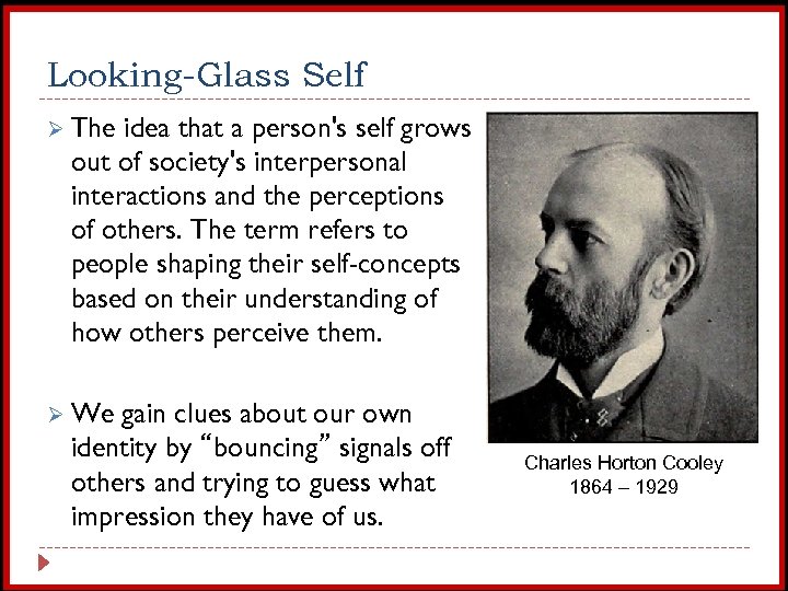 Looking-Glass Self Ø The idea that a person's self grows out of society's interpersonal
