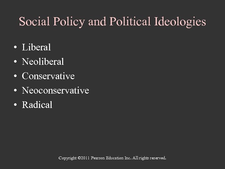 Social Policy and Political Ideologies • • • Liberal Neoliberal Conservative Neoconservative Radical Copyright