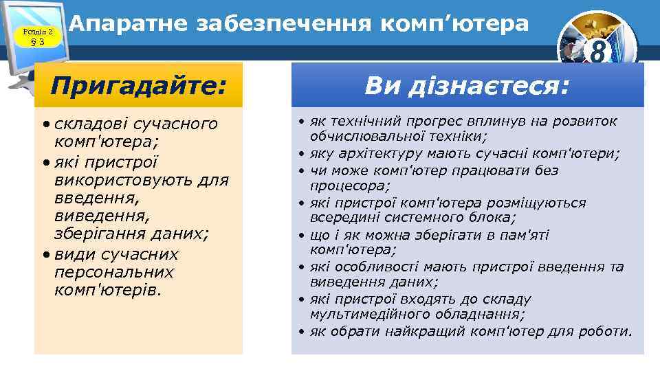 Розділ 2 § 3 Апаратне забезпечення комп’ютера 8 Пригадайте: Ви дізнаєтеся: • складові сучасного