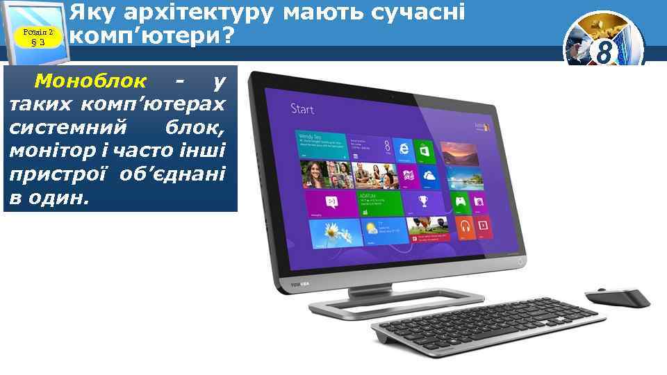 Розділ 2 § 3 Яку архітектуру мають сучасні комп’ютери? Моноблок - у таких комп’ютерах