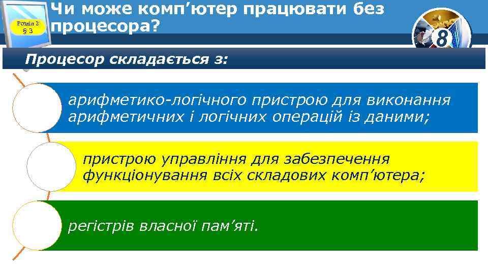 Розділ 2 § 3 Чи може комп’ютер працювати без процесора? Процесор складається з: 8