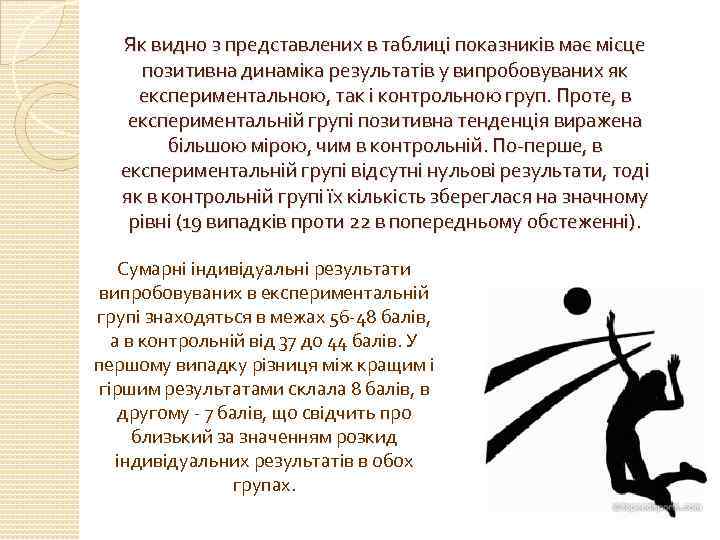 Як видно з представлених в таблиці показників має місце позитивна динаміка результатів у випробовуваних