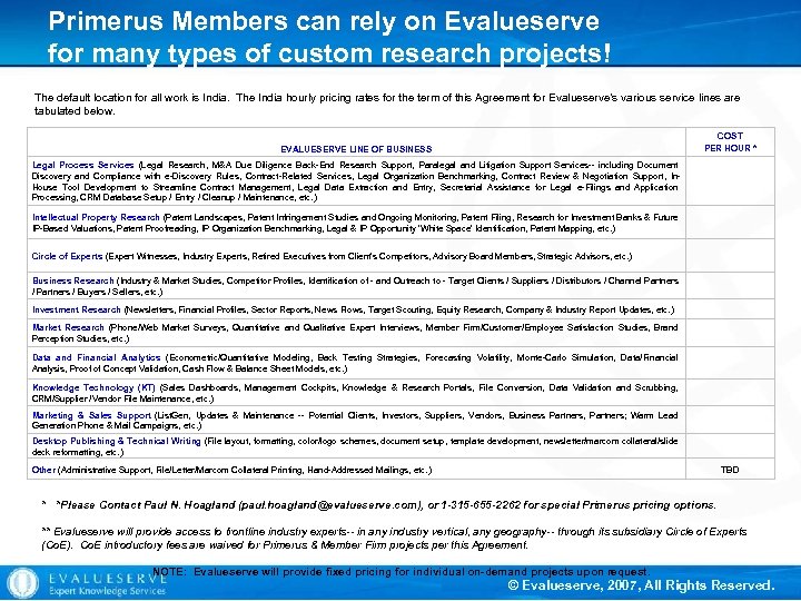 Primerus Members can rely on Evalueserve for many types of custom research projects! The