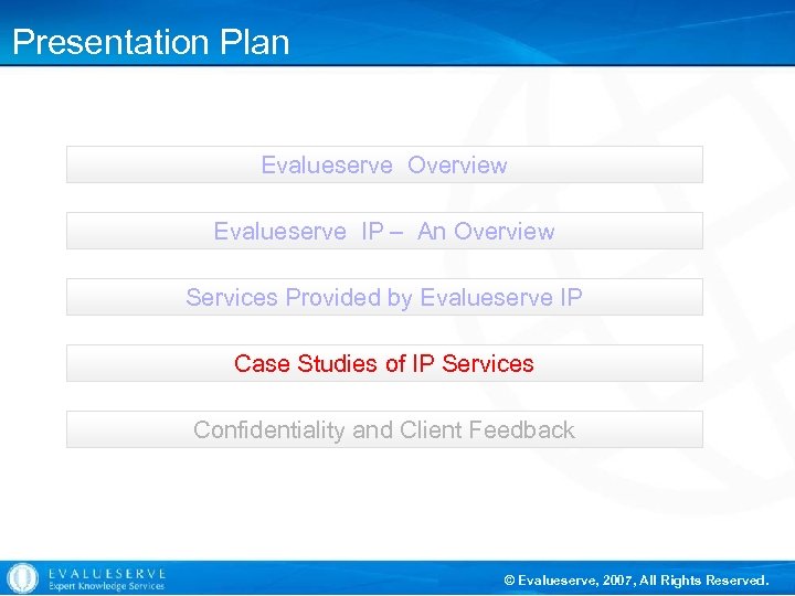 Presentation Plan Evalueserve Overview Evalueserve IP – An Overview Services Provided by Evalueserve IP