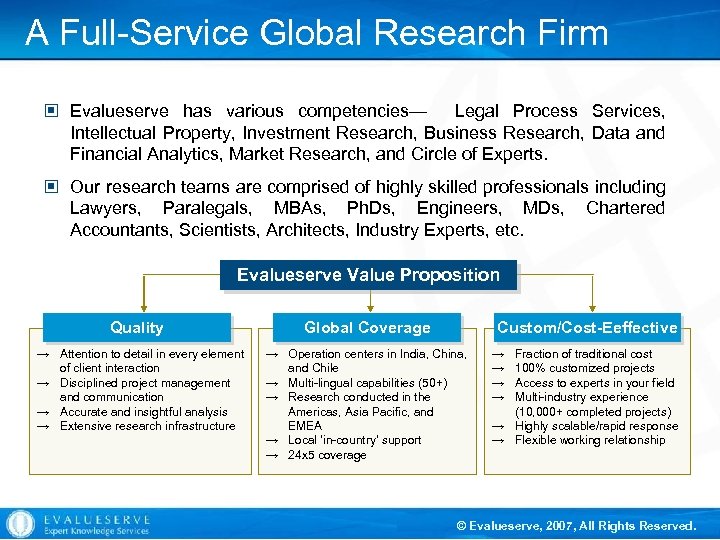 A Full-Service Global Research Firm © Evalueserve has various competencies— Legal Process Services, Intellectual