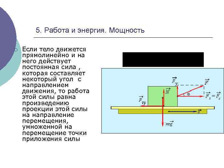 5. Работа и энергия. Мощность ¡ Если тело движется прямолинейно и на него действует