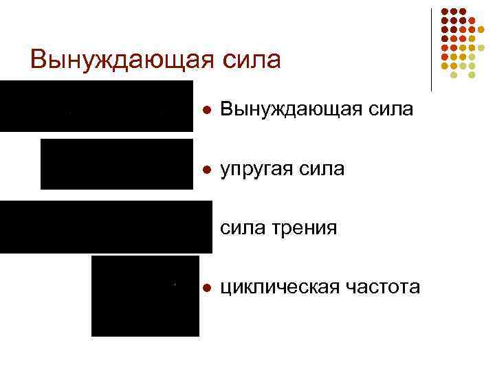 Вынуждающая сила l упругая сила l сила трения l циклическая частота 