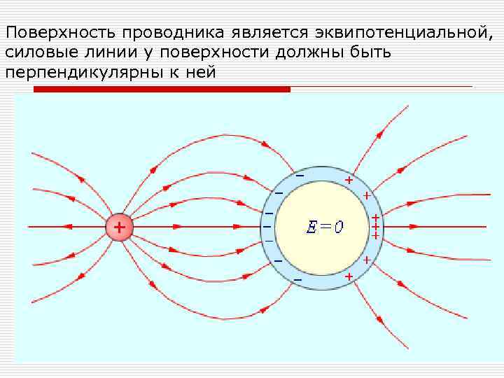 Поверхность проводника является эквипотенциальной, силовые линии у поверхности должны быть перпендикулярны к ней 