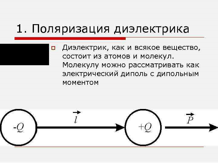 1. Поляризация диэлектрика o Диэлектрик, как и всякое вещество, состоит из атомов и молекул.
