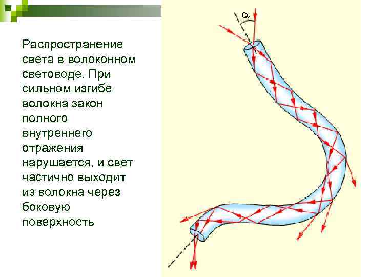 Распространение света в волоконном световоде. При сильном изгибе волокна закон полного внутреннего отражения нарушается,