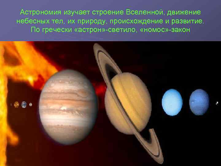 Астрономия изучает строение Вселенной, движение небесных тел, их природу, происхождение и развитие. По гречески