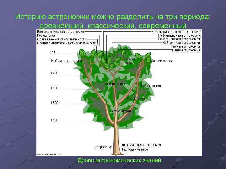 Историю астрономии можно разделить на три периода: древнейший, классический, современный Древо астрономических знаний 