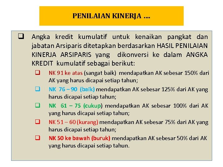 PENILAIAN KINERJA …. q Angka kredit kumulatif untuk kenaikan pangkat dan jabatan Arsiparis ditetapkan