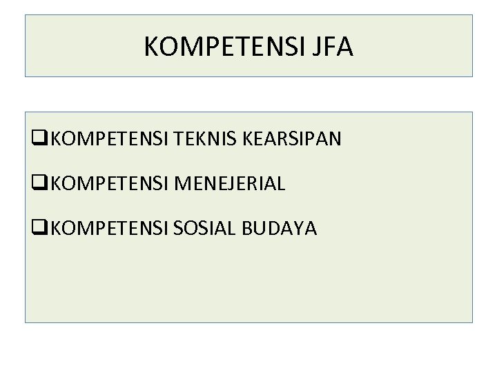 KOMPETENSI JFA q. KOMPETENSI TEKNIS KEARSIPAN q. KOMPETENSI MENEJERIAL q. KOMPETENSI SOSIAL BUDAYA 