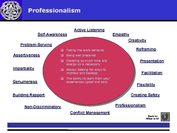  Professionalism Active Listening Self-Awareness Empathy Creativity Problem-Solving q Taking the work seriously Assertiveness