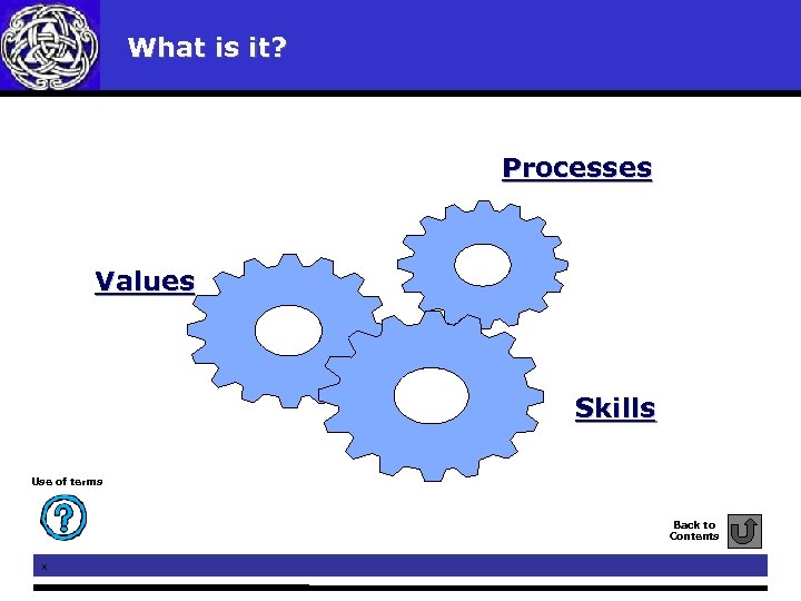 What is it? Processes Values Skills Use of terms Back to Contents x 