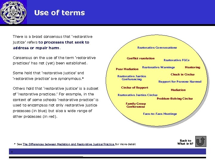 Use of terms There is a broad consensus that ‘restorative justice’ refers to processes