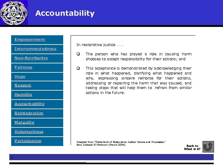 Accountability Empowerment Interconnectedness Non-Retributive Fairness Hope Respect Humility In restorative justice. . . q