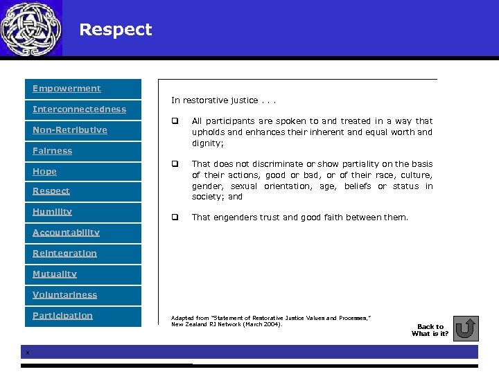 Respect Empowerment Interconnectedness Non-Retributive In restorative justice. . . q All participants are spoken