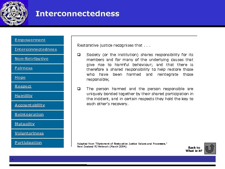 Interconnectedness Empowerment Interconnectedness Non-Retributive Restorative justice recognises that. . . q Society (or the