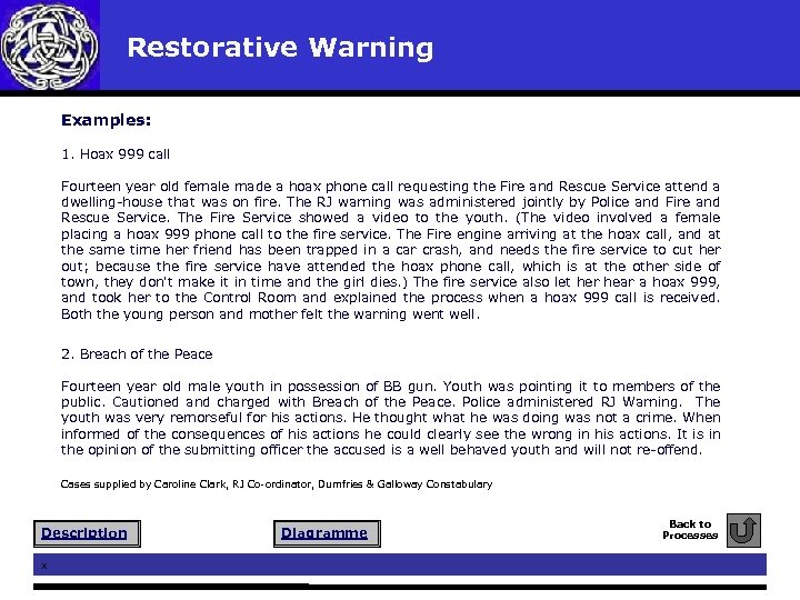 Restorative Warning Examples: 1. Hoax 999 call Fourteen year old female made a hoax