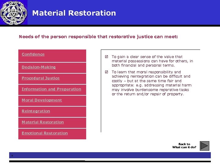 Material Restoration Needs of the person responsible that restorative justice can meet: Confidence Decision-Making