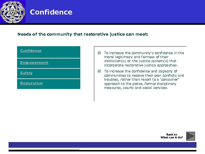 Confidence Needs of the community that restorative justice can meet: Confidence Empowerment Safety Restoration