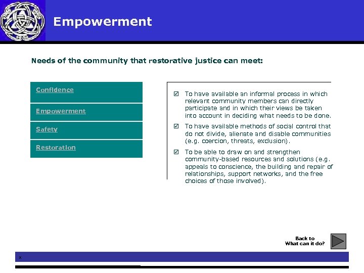 Empowerment Needs of the community that restorative justice can meet: Confidence Empowerment Safety Restoration