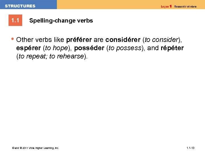 1. 1 Spelling-change verbs • Other verbs like préférer are considérer (to consider), espérer