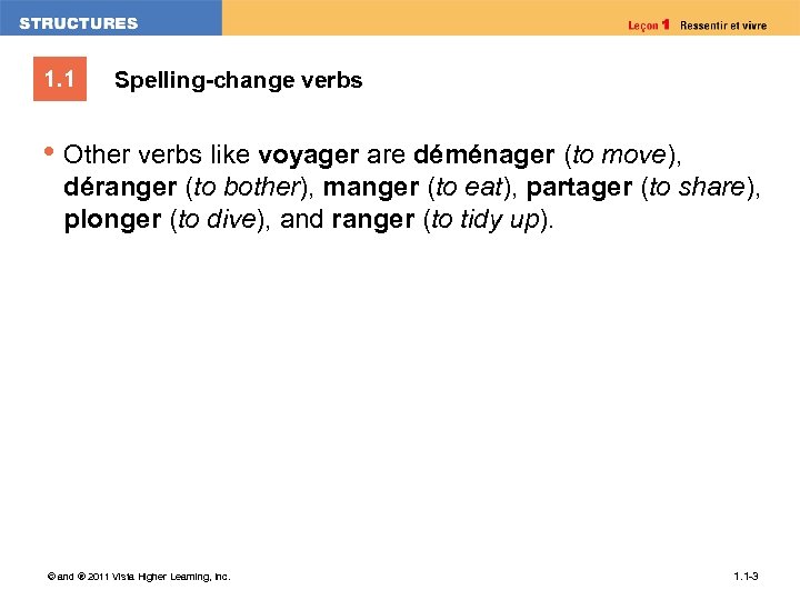 1. 1 Spelling-change verbs • Other verbs like voyager are déménager (to move), déranger