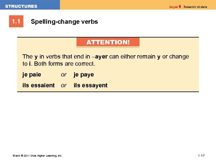 1. 1 Spelling-change verbs ATTENTION! The y in verbs that end in –ayer can