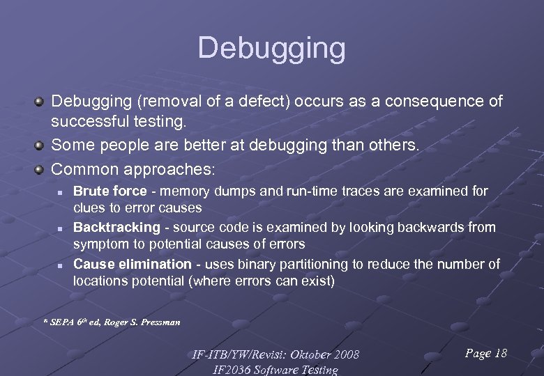 Debugging (removal of a defect) occurs as a consequence of successful testing. Some people