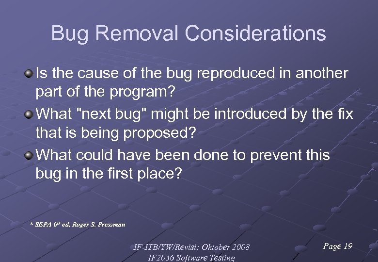 Bug Removal Considerations Is the cause of the bug reproduced in another part of