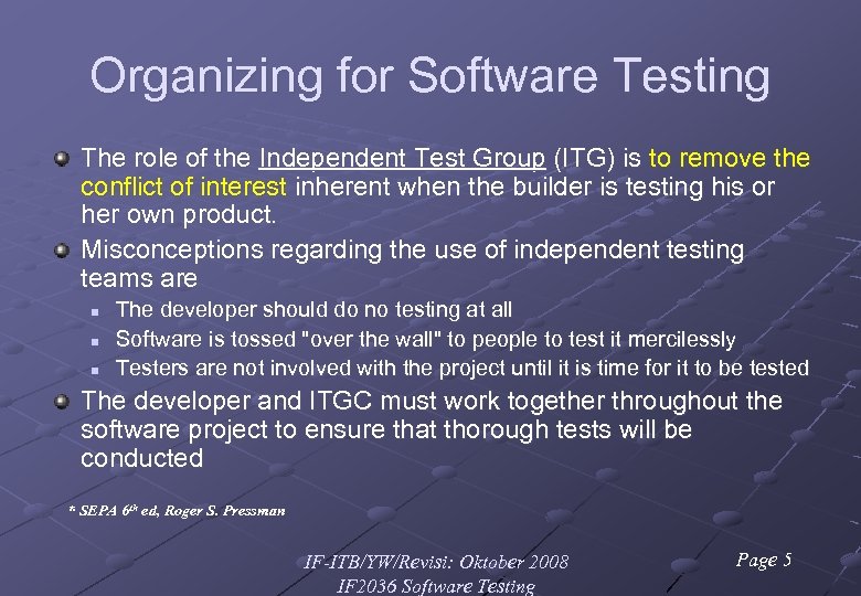 Organizing for Software Testing The role of the Independent Test Group (ITG) is to