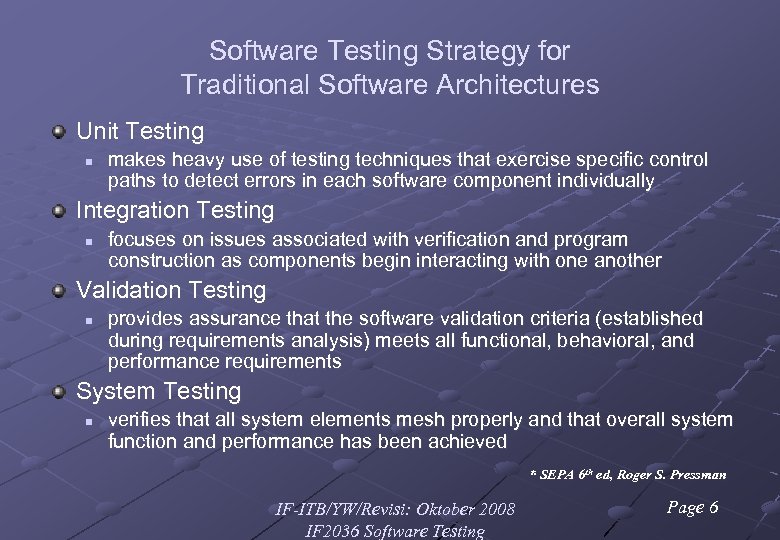Software Testing Strategy for Traditional Software Architectures Unit Testing n makes heavy use of