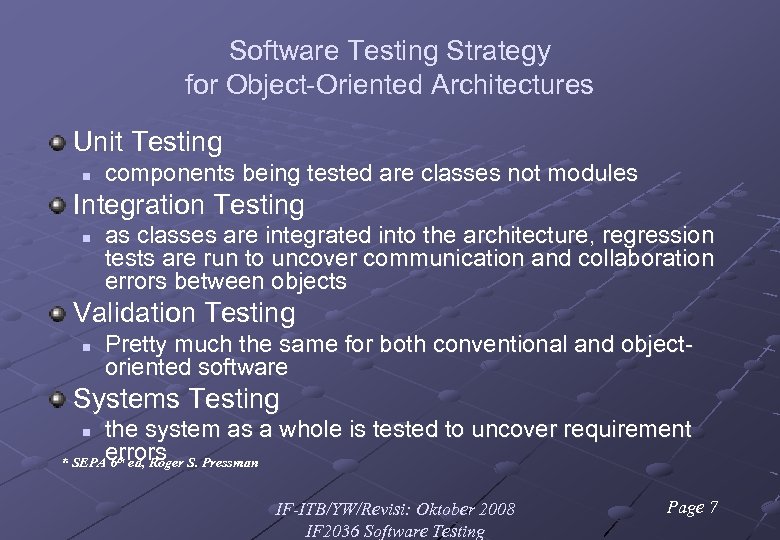 Software Testing Strategy for Object-Oriented Architectures Unit Testing n components being tested are classes