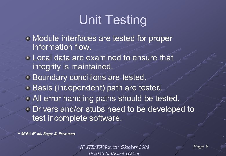 Unit Testing Module interfaces are tested for proper information flow. Local data are examined