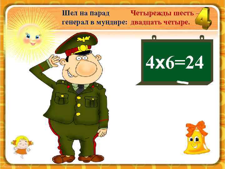 Шел на парад Четырежды шесть – генерал в мундире: двадцать четыре. 4 х6=24 