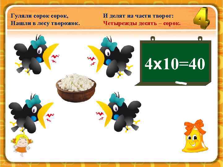 Гуляли сорок, Нашли в лесу творожок. И делят на части творог: Четырежды десять –