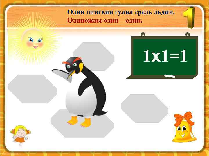 Один пингвин гулял средь льдин. Одиножды один – один. 1 х1=1 