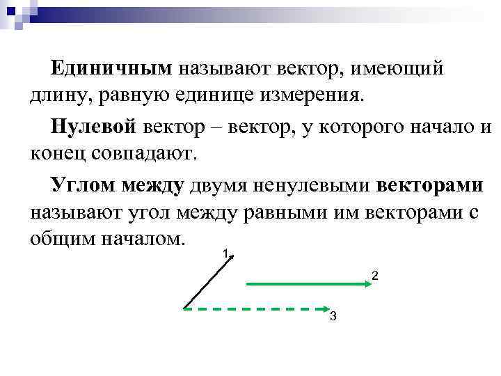 Единичным называют вектор, имеющий длину, равную единице измерения. Нулевой вектор – вектор, у которого