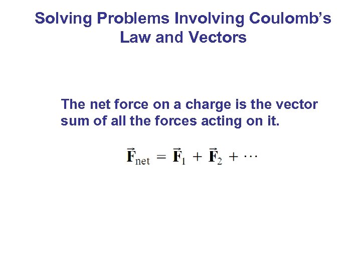 Solving Problems Involving Coulomb’s Law and Vectors The net force on a charge is