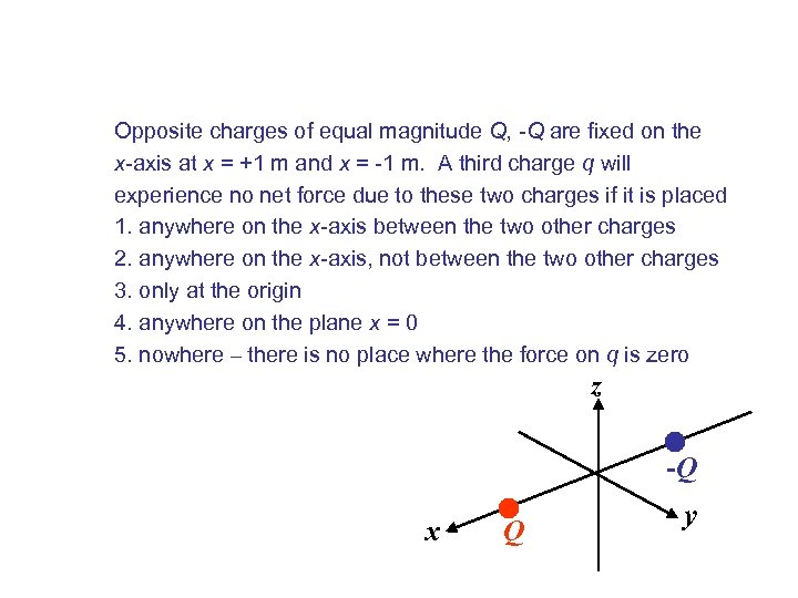 Opposite charges of equal magnitude Q, -Q are fixed on the x-axis at x