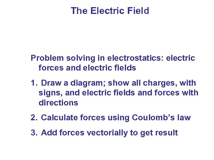  The Electric Field Problem solving in electrostatics: electric forces and electric fields 1.