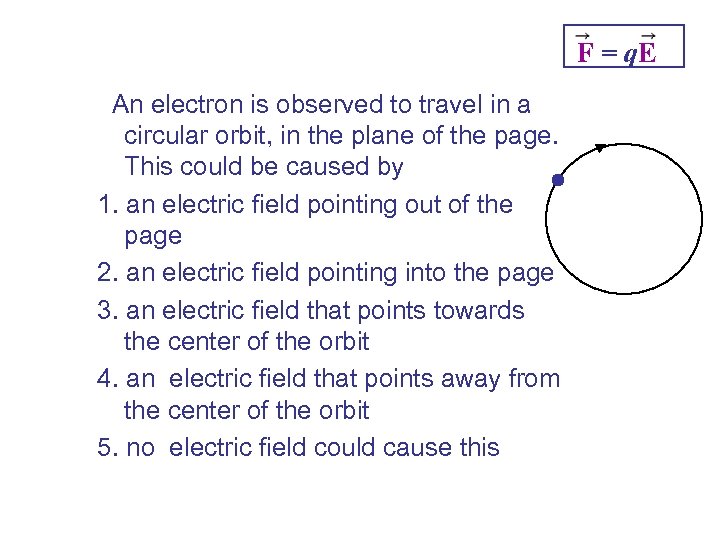 F = q. E An electron is observed to travel in a circular orbit,