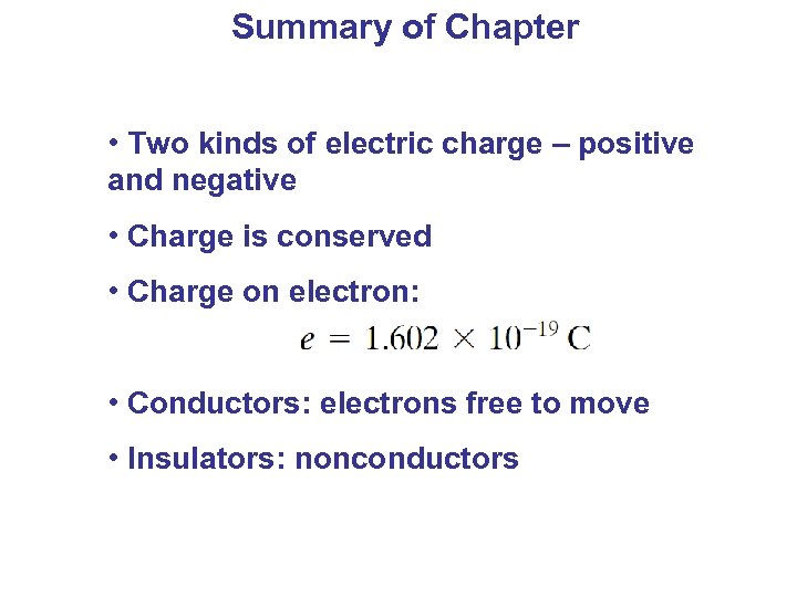 Summary of Chapter • Two kinds of electric charge – positive and negative •