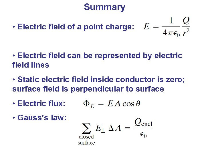 Summary • Electric field of a point charge: • Electric field can be represented