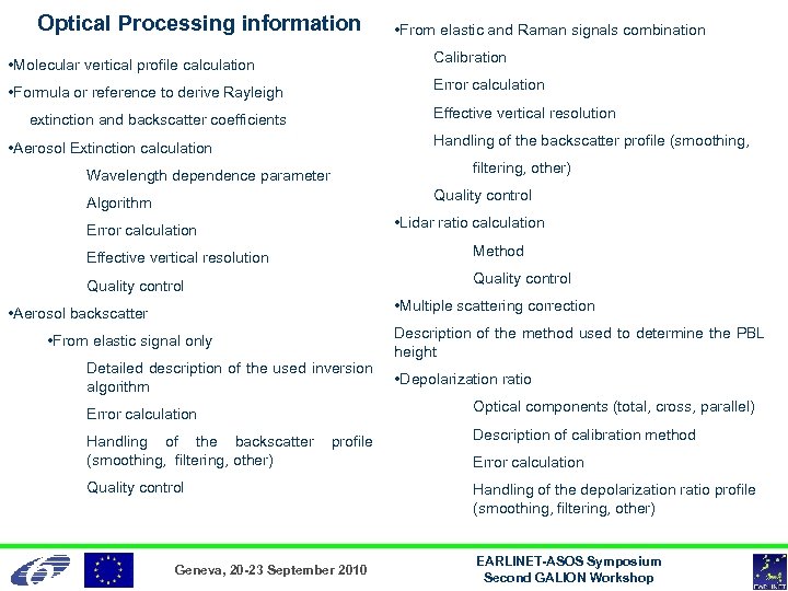 Optical Processing information • From elastic and Raman signals combination • Molecular vertical profile