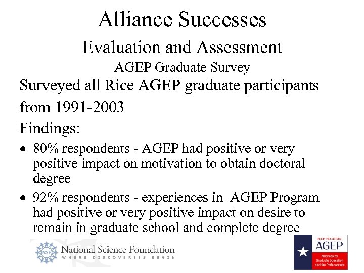Alliance Successes Evaluation and Assessment AGEP Graduate Surveyed all Rice AGEP graduate participants from