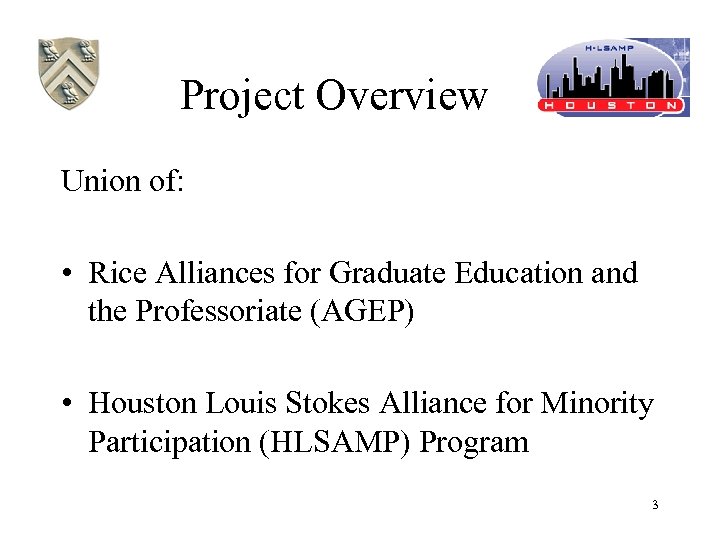 Project Overview Union of: • Rice Alliances for Graduate Education and the Professoriate (AGEP)